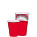 Stack of bright red disposable cups with white interior rims, showing approximately 20 nine-ounce cups arranged in two groups.