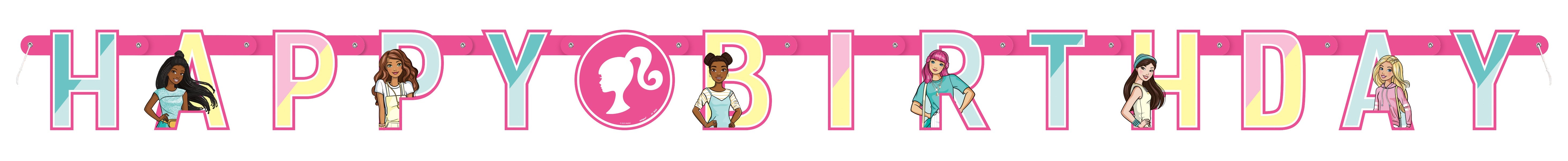 Colorful "Happy Birthday" banner featuring the Barbie logo and illustrations of diverse Barbie dolls in various outfits against a pink background with decorative dots.