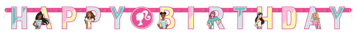 Colorful "Happy Birthday" banner featuring the Barbie logo and illustrations of diverse Barbie dolls in various outfits against a pink background with decorative dots.
