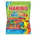Haribo Rainbow Worms: chewy gummy worms, rainbow in color. Sold in a 5 oz printed bag, printed with the brand name and product.