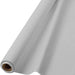 Roll of silver plastic table covering displayed unrolled to show the material texture and cardboard tube at the base.