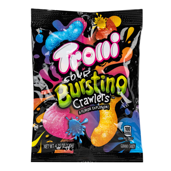 Trolli Sour Bursting Crawlers: soft sour gummy crawlers. Sold in a 4.25 oz clear plastic peg bag that hangs from a printed header card, with the candy visible inside.
