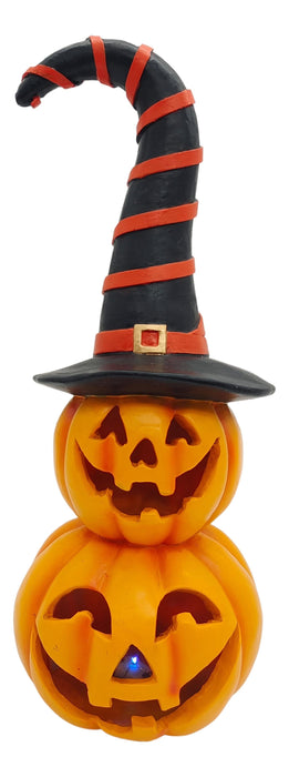 Full-length product photo of the 14" Resin Pumpkin Witch Hat LED, shown against a plain white background — with light-up details. A Halloween decoration.