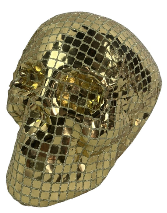 Full-length product photo of the 10" Golden Fabric Disco Skull, shown against a plain white background. A Halloween decoration.