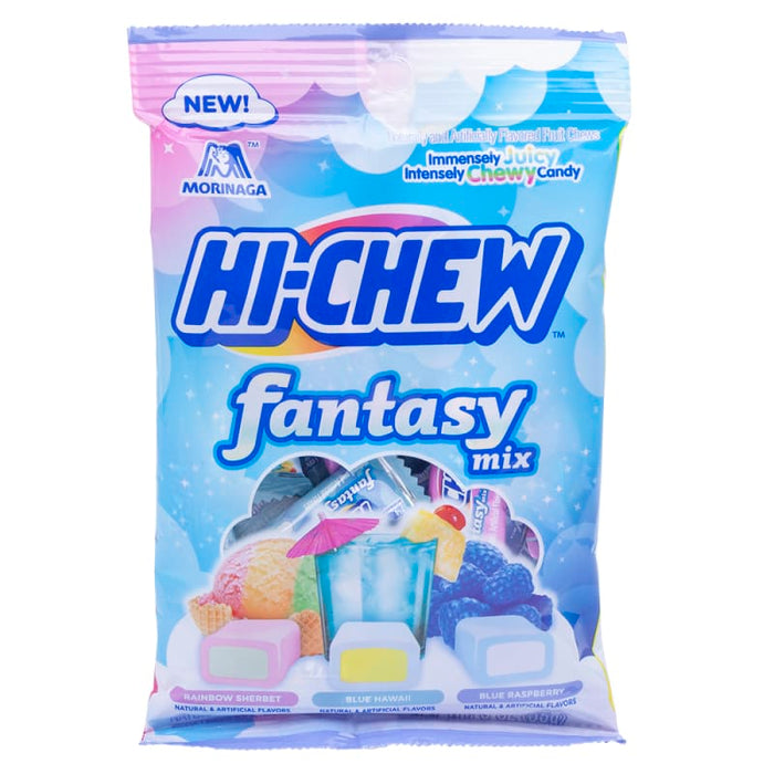 Hi-Chew Fantasy Mix: soft chewy fruit candy cubes, in a mix of bright colors. Sold in a 3 oz clear plastic peg bag that hangs from a printed header card, with the candy visible inside.