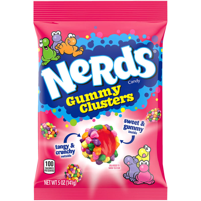 Nerds Clusters: gummy clusters coated in tiny crunchy Nerds. Sold in a 5 oz clear plastic peg bag that hangs from a printed header card, with the candy visible inside.