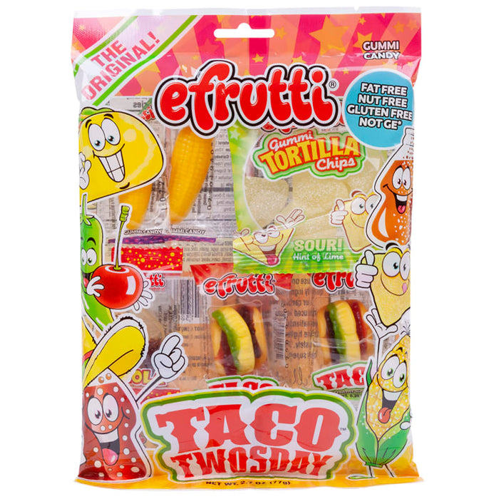 Efrutti Taco Twosday Gummi Candy: novelty gummy candies shaped like little foods. Sold in a 2.7 oz clear plastic peg bag that hangs from a printed header card, with the candy visible inside.
