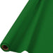 Rolled green plastic table covering with a cardboard tube core, displayed partially unrolled against a white background.