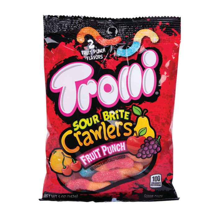 Trolli Sour Brite Crawlers Fruit Punch: soft sour gummy crawlers, red in color. Sold in a 5 oz clear plastic peg bag that hangs from a printed header card, with the candy visible inside.