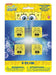 Four yellow SpongeBob SquarePants pencil topper erasers with smiling faces arranged on blue underwater-themed packaging with bubbles.