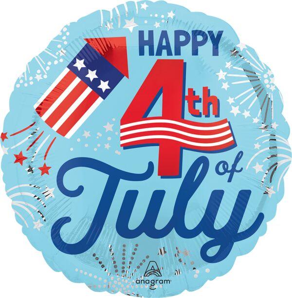 Light blue round mylar balloon with "Happy 4th of July" in red and navy text, featuring a red, white, and blue rocket and patriotic star burst design.
