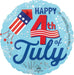 Light blue round mylar balloon with "Happy 4th of July" in red and navy text, featuring a red, white, and blue rocket and patriotic star burst design.