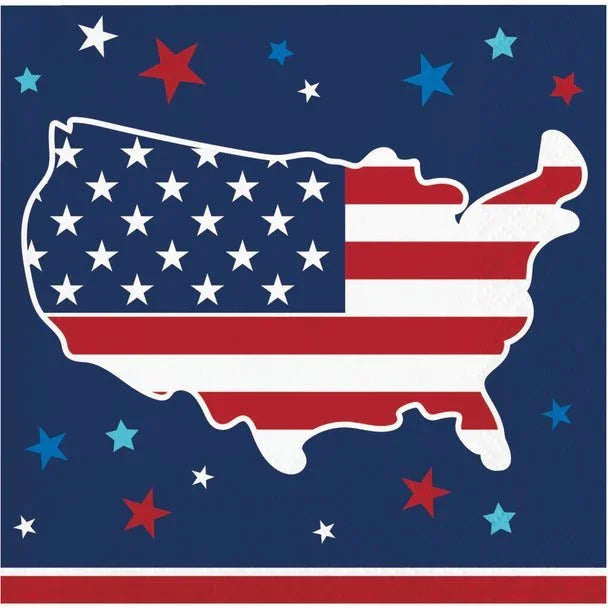 Red, white, and blue beverage napkins featuring a map of the United States with stars and stripes design, surrounded by colorful stars on a dark blue background.