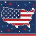 Red, white, and blue beverage napkins featuring a map of the United States with stars and stripes design, surrounded by colorful stars on a dark blue background.