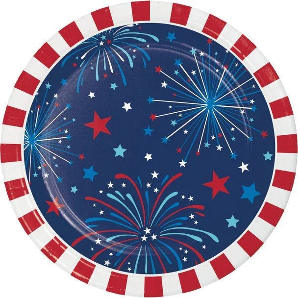 Round dessert plates with a dark blue center featuring red, white, and blue fireworks and stars, bordered by a red and white checkered rim.