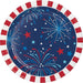 Round dessert plates with a dark blue center featuring red, white, and blue fireworks and stars, bordered by a red and white checkered rim.
