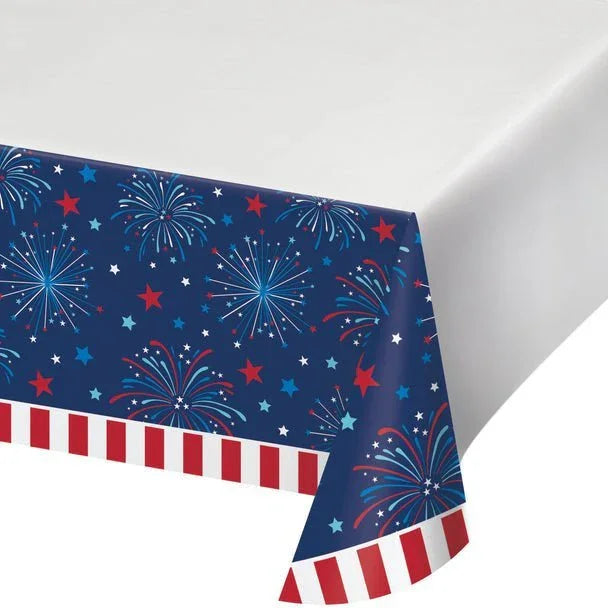 Navy blue paper tablecover with fireworks and stars in red, white, and blue, featuring red and white striped borders along the edges.