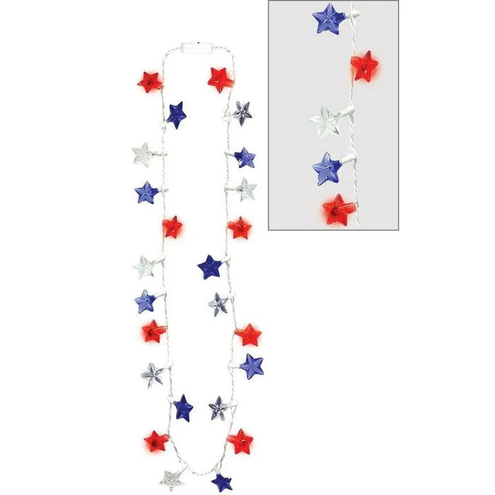 Red, white, and blue illuminated star garland necklace approximately 33 inches long with alternating colored stars on a white cord.