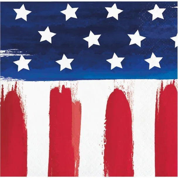 Patriotic beverage napkins featuring a distressed American flag design with white stars on blue and red and white vertical stripes.
