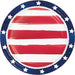 Round paper plate with red and white horizontal stripes in the center, surrounded by a dark blue border decorated with white stars.