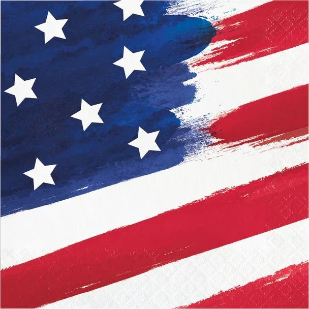 Patriotic lunch napkins featuring an American flag design with white stars on blue and red and white painted stripes.
