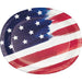 Round dinner plate with American flag design featuring white stars on blue field and red and white stripes with painterly brushstroke effect.
