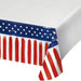 Patriotic paper tablecover featuring red and white vertical stripes with a blue band of white stars across the top edge.