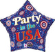 Star-shaped mylar balloon in patriotic blue with red, white, and blue stars and circular rosette designs, featuring gold "Party in the USA" text.