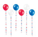 Six large balloons in red, white, and blue with dangling star garland tails in alternating red and blue, creating a patriotic decoration set.