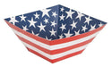 Square paper snack bowl with American flag design featuring blue field of white stars on top and red and white striped sides.