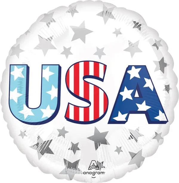 Round white mylar balloon with "USA" in large patriotic letters—blue with stars on left, red and white stripes in center, dark blue with stars on right—surrounded by gray and silver stars.