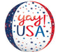 Round foil balloon in red, white, and blue with "yay USA" text in the center surrounded by scattered stars in patriotic colors.