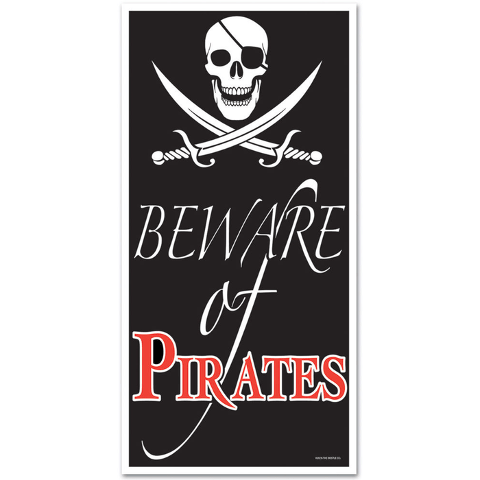 Black rectangular door cover featuring a skull with eye patch and crossed swords at top, with "BEWARE of PIRATES" text in white and red lettering.