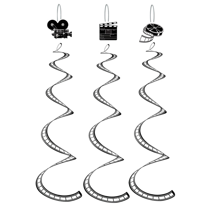 A cluster of hanging swirl decorations featuring a filmstrip design. Comes in a pack of 3.