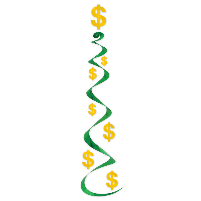 A cluster of hanging swirl decorations featuring a $ design. Comes in a pack of 3.