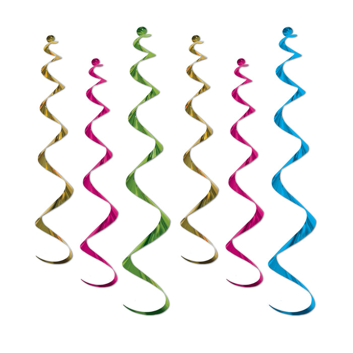 A hanging swirl decoration featuring a twirly whirlys design. Comes in a pack of 6.