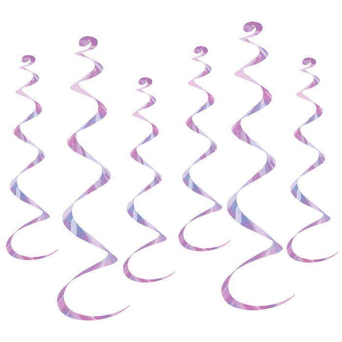 A hanging swirl decoration featuring a twirly whirlys design. Comes in a pack of 6.