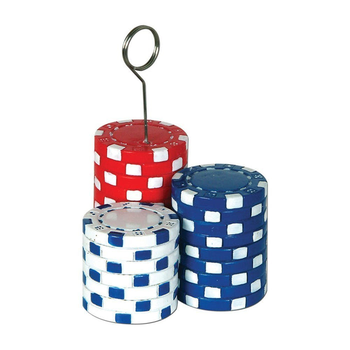 Three stacked poker chips in red, blue and white with a wire holder loop on top for displaying balloons or photos.