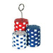 Three stacked poker chips in red, blue and white with a wire holder loop on top for displaying balloons or photos.