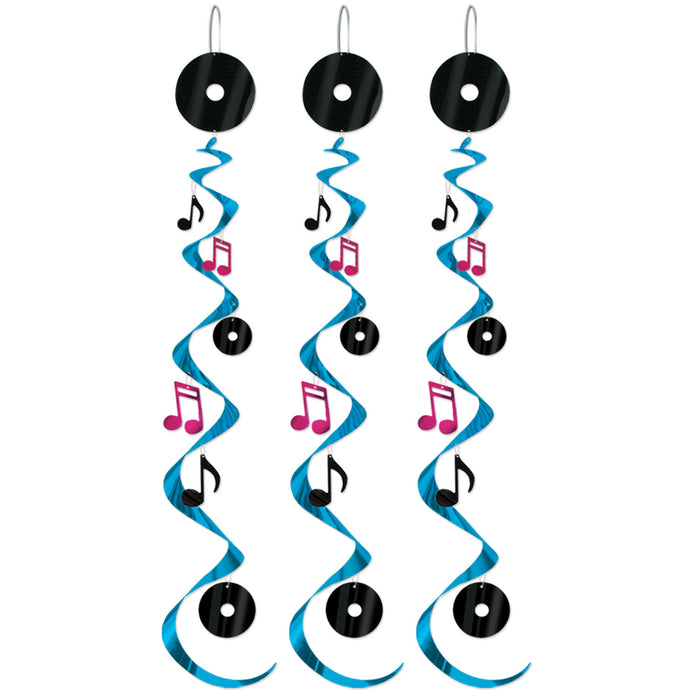A cluster of hanging swirl decorations featuring a rock & roll design. Comes in a pack of 3.