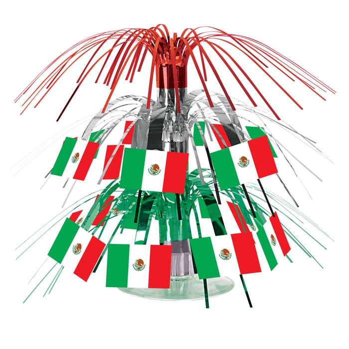 A hanging cascade centerpiece featuring a mexican flag design. Sold as a single piece.