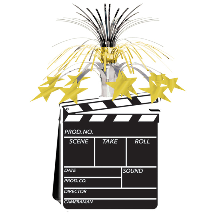 A 3-D table centerpiece featuring a movie clapboard design. Sold as a single piece.