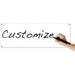 A white rectangular banner with mounting grommets at corners displays the word "customize" being handwritten in black marker by a person holding a pen.