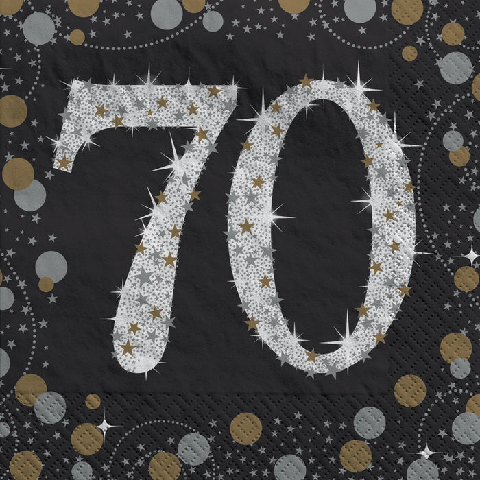 Sparkling Celebration beverage napkins featuring a silver glitter “70” design with gold star accents on a black background, sold in a 16-count pack.