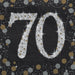 Sparkling Celebration beverage napkins featuring a silver glitter “70” design with gold star accents on a black background, sold in a 16-count pack.