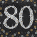 Sparkling Celebration Beverage Napkins featuring a silver glitter “80” design with gold star accents on a black background, sold in a 16-count pack.