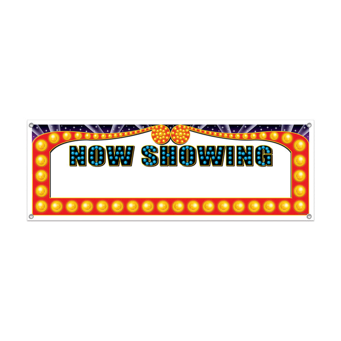 A sign banner printed with a now showing design. Sold as a single piece.