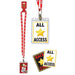 Red lanyard with matching clip and two rectangular ID badge holders displaying "All Access" text with gold stars, plus a separate matching sticker.