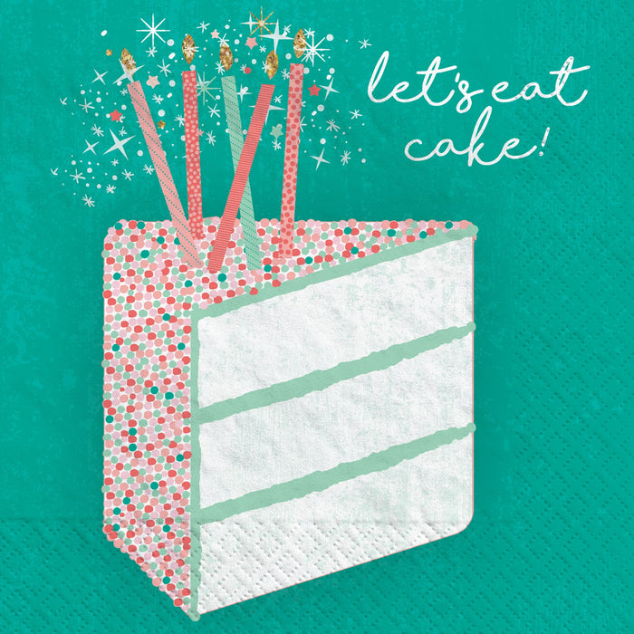 Happy Cake Day Beverage Napkins featuring a teal background with a birthday cake slice, candles, confetti accents, and let’s eat cake text.