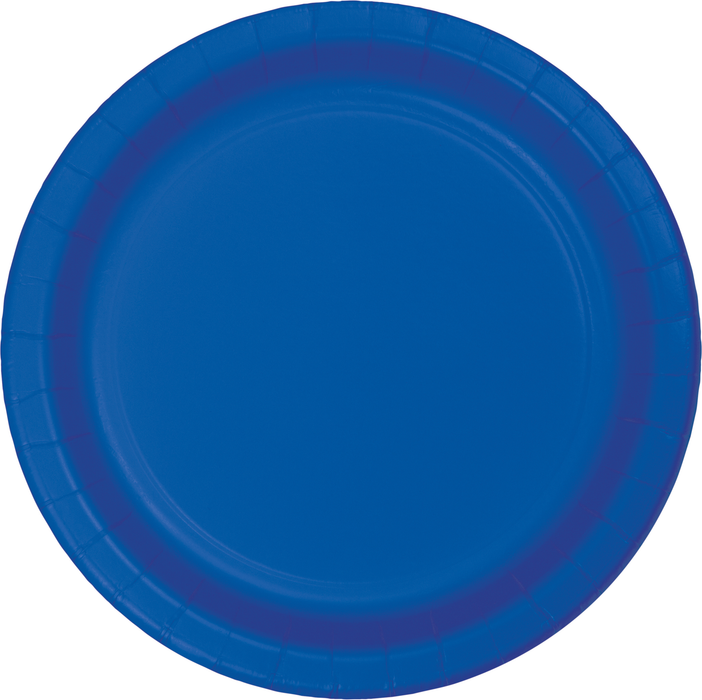 Bright cobalt blue paper plate with a slightly raised rim and subtle circular texture pattern throughout the surface.